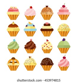 Delicious cupcakes and muffins vector set. Illustration in flat style. Birthday cakes with chocolate, berries, cream and fruits.