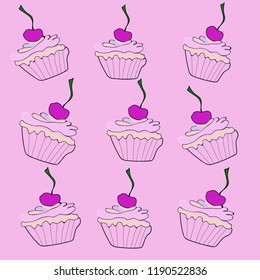 Delicious cupcakes on a pink background with a cherry