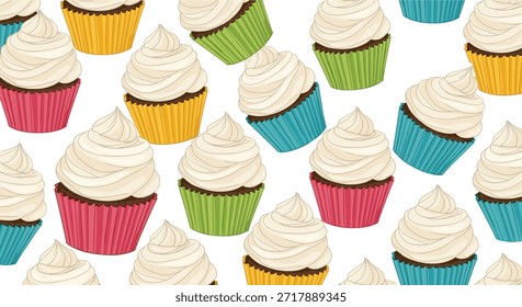 Delicious cupcakes pattern featuring white creamy frosting and vibrant colorful wrappers on a plain white background for bakery and party designs.