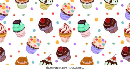 delicious cupcakes seamless pattern for bithday decoration, kids party decoration, scrapbooking and many more