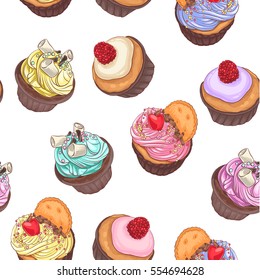 Delicious cupcakes. Seamless pattern with hand drawing. Different tasty desserts with berries, cream and sweet decor on white background.