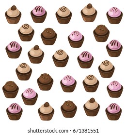 Delicious cupcakes set pattern. Sweet dessert chocolate lavender flavors Vector illustration
