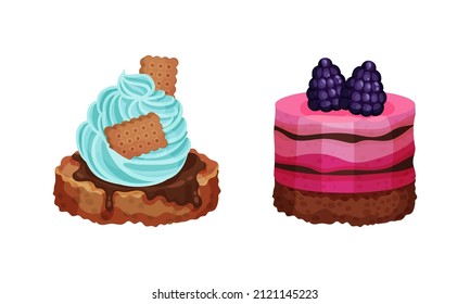 Delicious cupcakes set. Sweet baked colorful desserts vector illustration