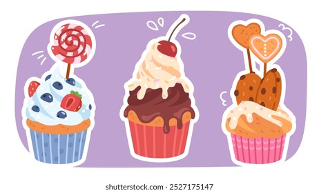 Conjunto de pegatinas de postres dulces de cupcakes deliciosos. Sabrosos aperitivos de pastelería decorados con chocolate, crema, bayas, galletas, piruleta. Fiesta de cumpleaños trata postres de pastelería Ilustración vectorial plana