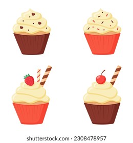 Delicious cupcakes with vanilla cream strawberrie cherries and waffle sticks. Dessert vector illustration design	