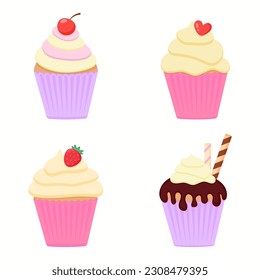 Delicious cupcakes with vanilla cream strawberrie cherries heart and waffle sticks. Dessert vector illustration design	