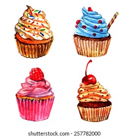 Delicious cupcakes with vanilla raspberry whipped cream sprinkled filling watercolor pictograms collection sketch abstract isolated vector illustration