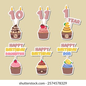 Delicious cupcakes. Vector illustration design. Stickers. Birthday Cupcakes with Candles and numbers