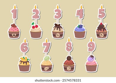 Delicious cupcakes. Vector illustration design. Stickers. Birthday Cupcakes with Candles and numbers