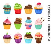 Delicious cupcakes and vector sprinkles muffin set isolated on white background.