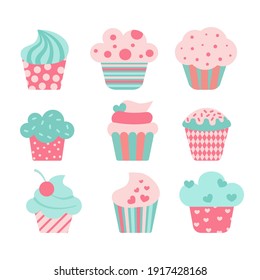 Delicious cupcakes and vector sprinkles muffin set isolated on white background. eps 10