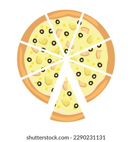 Delicious cut pizza with olives on white background, top view