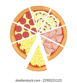 Delicious cut pizza on white background, top view