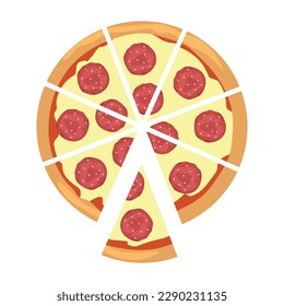 Delicious cut pizza with pepperoni on white background, top view