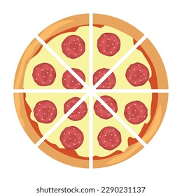 Delicious cut pizza with pepperoni on white background, top view