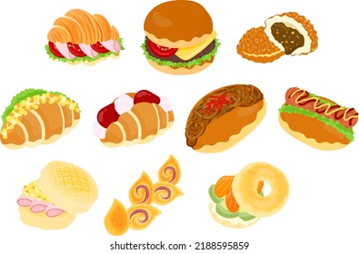 The delicious and cute bread icons such as croissant sandwich and hamburger and curry bun and egg sandwich and fruit sandwich and hot dog and English muffin and bacon epi and bagel sandwich