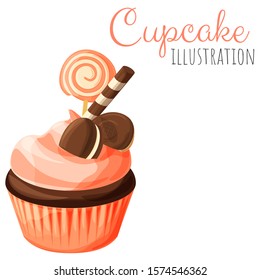 Delicious cute cupcake vector illustration, isolated cartoon style muffin dessert.