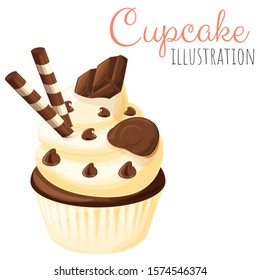 Delicious cute cupcake vector illustration, isolated cartoon style muffin dessert.