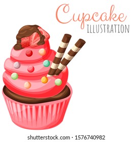 Delicious cute cupcake vector illustration, isolated cartoon style muffin dessert.