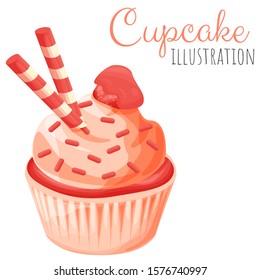 Delicious cute cupcake vector illustration, isolated cartoon style muffin dessert.