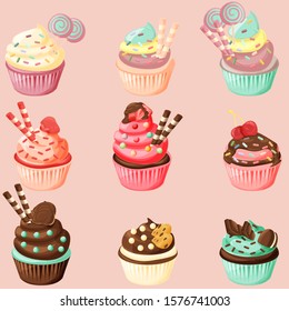 Delicious cute cupcake vector illustration set, isolated cartoon style muffin desserts.