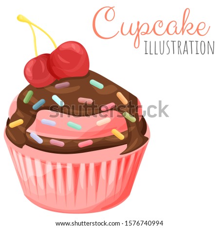 Delicious cute cupcake vector illustration, isolated cartoon style muffin dessert.