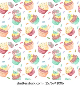 Delicious cute cupcake vector seamless pattern, isolated cartoon style muffin dessert.