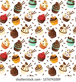 Delicious cute cupcake vector seamless pattern, isolated cartoon style muffin dessert.