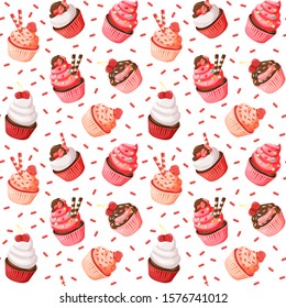 Delicious cute cupcake vector seamless pattern, isolated cartoon style muffin dessert.