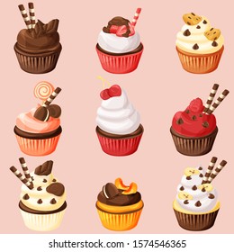 Köstliche süße Cupcakes Vektorillustration Illustrationssatz, einzelne Muffin-Desserts im Cartoon-Stil.