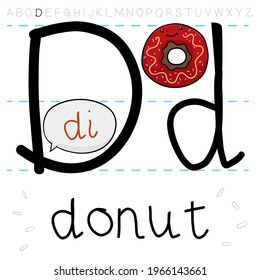 Delicious and cute donut with colorful toppings, learning the English alphabet and pronouncing the letter 'D'.