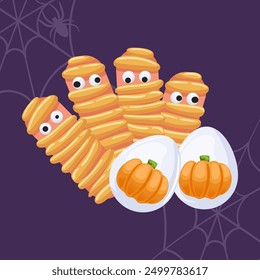 Delicious and cute Halloween treats with pumpkin deviled eggs and mummy sausages. Snacks for fun.