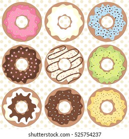 Delicious and cute pastry. Donut isolated on a dotted background.
