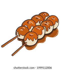 Delicious dango, meatball, traditional japanese food vector illustration. Junk food, sauces, abstract. Used for brand, business, symbol, sign, icon, logo. Isolated background. Printable and editable.