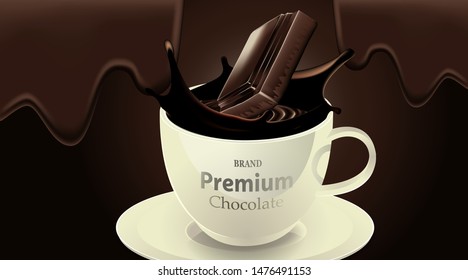 Delicious dark chocolate drink in a cup and splash chocolate on brown color background, luxury Dessert