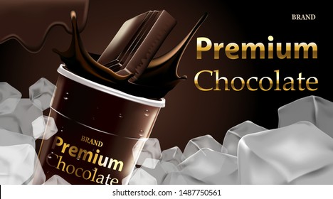 Delicious dark chocolate drink with falling in a clear plastic cup and splash and ice cubes on brown color background, luxury Dessert