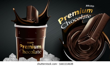 Delicious dark chocolate drink with falling in a clear plastic cup and splash and ice cubes on brown color background, luxury Dessert