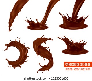 Delicious dark chocolate drink and frosting splashes realistic images set for confectionery desserts advertisement isolated vector illustration