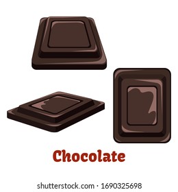 Delicious dark chocolate. Sweet dessert. Pieces of chocolate. Isolated cartoon illustration