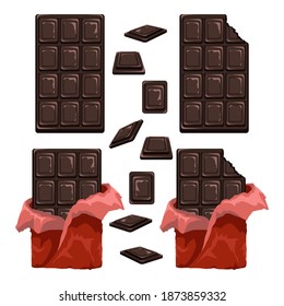 Delicious dark chocolate. Sweet dessert. Chocolate bar. Pieces of chocolate. Bitten food. Wrapped in red foil packaging. Isolated clipart set on white background.