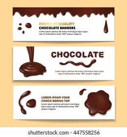 Delicious dark premium chocolate splashes and shiny drops banners set realistic isolated vector illustration