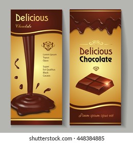 Delicious dark premium chocolate splashes and drops banners set realistic isolated vector illustration