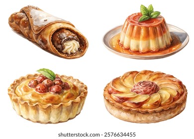 Delicious dessert assortment, colorful pastries, creamy custard, artistic watercolor style, appealing food presentation.