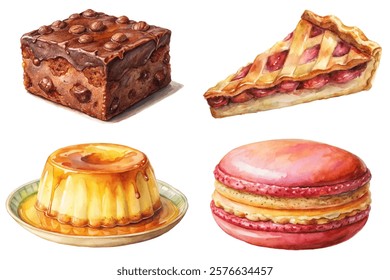 Delicious dessert assortment, colorful pastries, sweet treats, watercolor illustration, gourmet desserts, tempting confections.