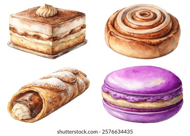 Delicious dessert assortment, watercolor pastries, sweet treats, colorful confections, bakery delights, gourmet desserts.