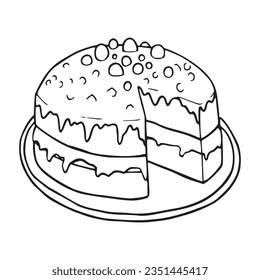 Delicious dessert cake with missing slice hand drawn simple outline illustration. Fresh baked sweet food with one missing portion and cherry, candy, chocolate dressing symbol. Pen drawing cake logo.