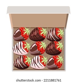 Delicious dessert chocolate-covered strawberries in a cardboard box, isolated on a white background.Vector fruit dessert for coffee shops, confectionery, postcards,textiles designs.