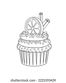 Delicious dessert coloring page. Black and white cupcake with orange and cinnamon. Color me. Isolated vector illustration eps