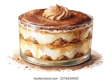 Delicious dessert, creamy layers, coffee flavor, artistic watercolor, elegant presentation, sweet indulgence, food illustration.