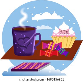 Delicious dessert with a Cup of coffee. Colorful vector illustration.